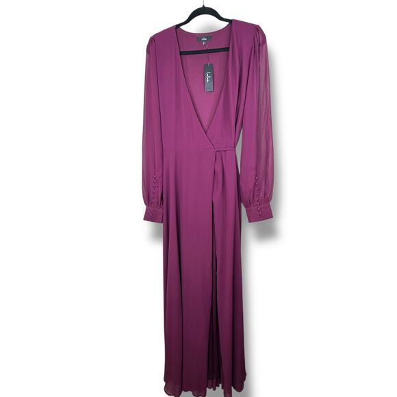 Lulus NWT My Whole Heart Plum Long Sleeve Balloon Sleeves Wrap Maxi Dress XL - Picture 3 of 11